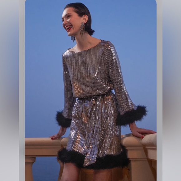 Trina Turk Silver Uhura Sequin Dress with Feather Hem Sz M - Picture 2 of 16